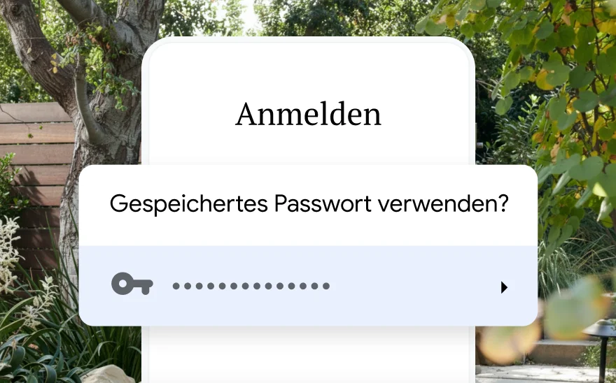 Eine Anmeldeseite für eine Reisebuchung fordert zur Verwendung eines gespeicherten Passworts auf. Im Hintergrund ist eine Landschaft zu sehen.