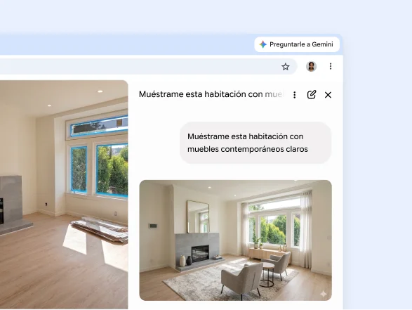 Una usuaria le pide a Gemini en Chrome que agregue muebles contemporáneos de color claro a una imagen de una sala de estar de una página web.