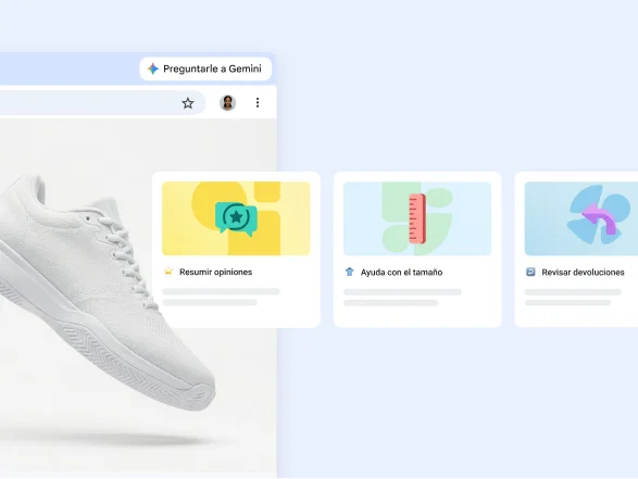 Una variedad de habilidades de Gemini en Chrome relacionadas con las compras en línea, como resumir opiniones, obtener ayuda con las tallas o consultar las devoluciones