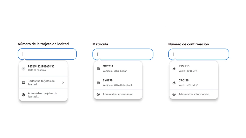 Experiencia del usuario de Autocompletar para completar tarjetas de lealtad, información de vehículos y de vuelos.