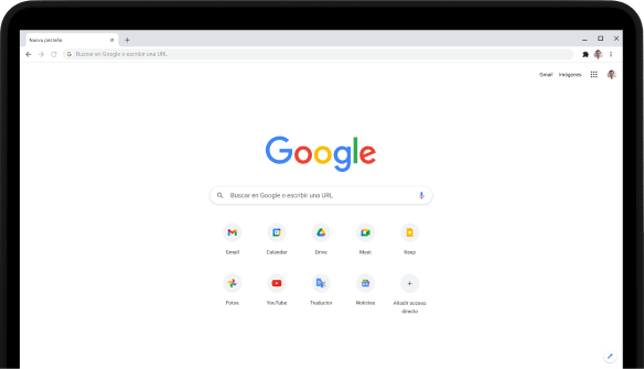 Parte superior izquierda de un portátil Pixelbook Go donde se muestra la barra de búsqueda de Google.com y las aplicaciones favoritas en la pantalla.