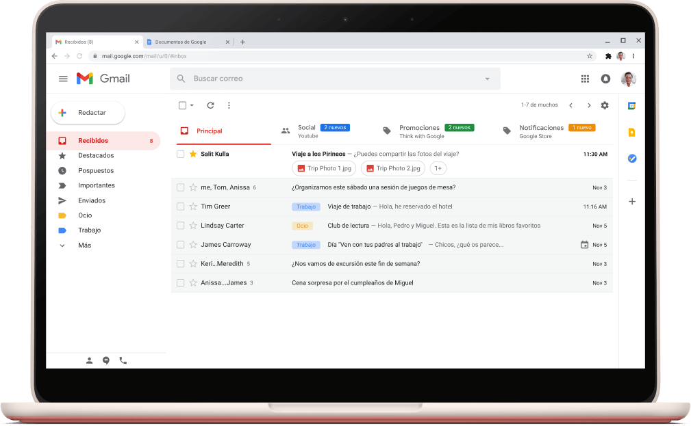 Pantalla con la interfaz de Gmail que muestra la lista de correos electrónicos.