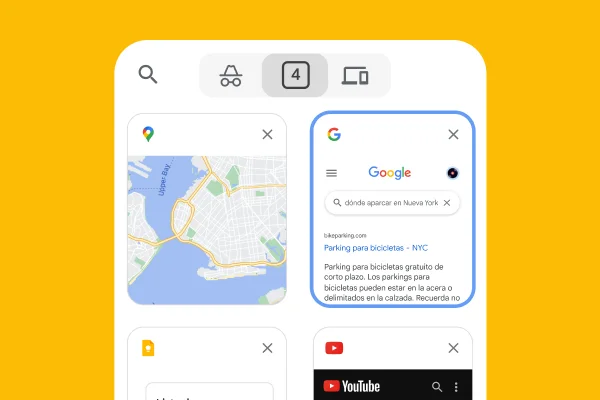 Un navegador móvil carga pestañas de un navegador para ordenadores, como Google Maps con información sobre el aparcamiento en Nueva York.