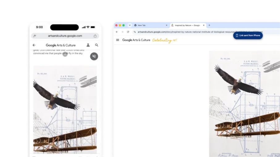 Chrome tab right-click menu shows 'Send to your devices' with a 'New' badge, listing connected devices in a sub-menu.